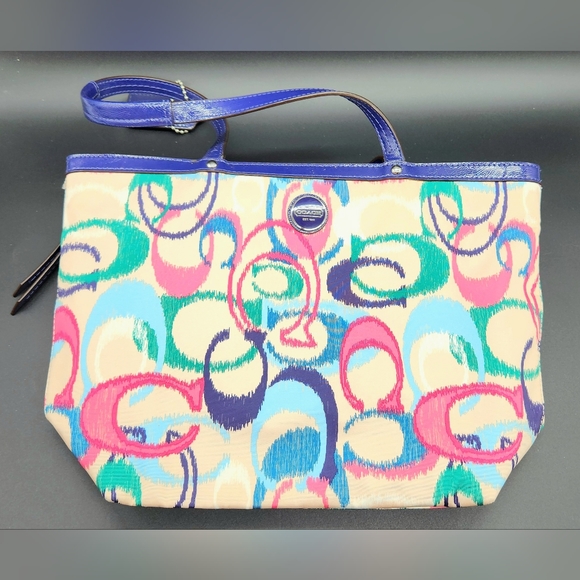 Gently Used Coach Signature Stripe Ikat Print Canvas Royal Blue Trimmed Tote Bag - Picture 3 of 16